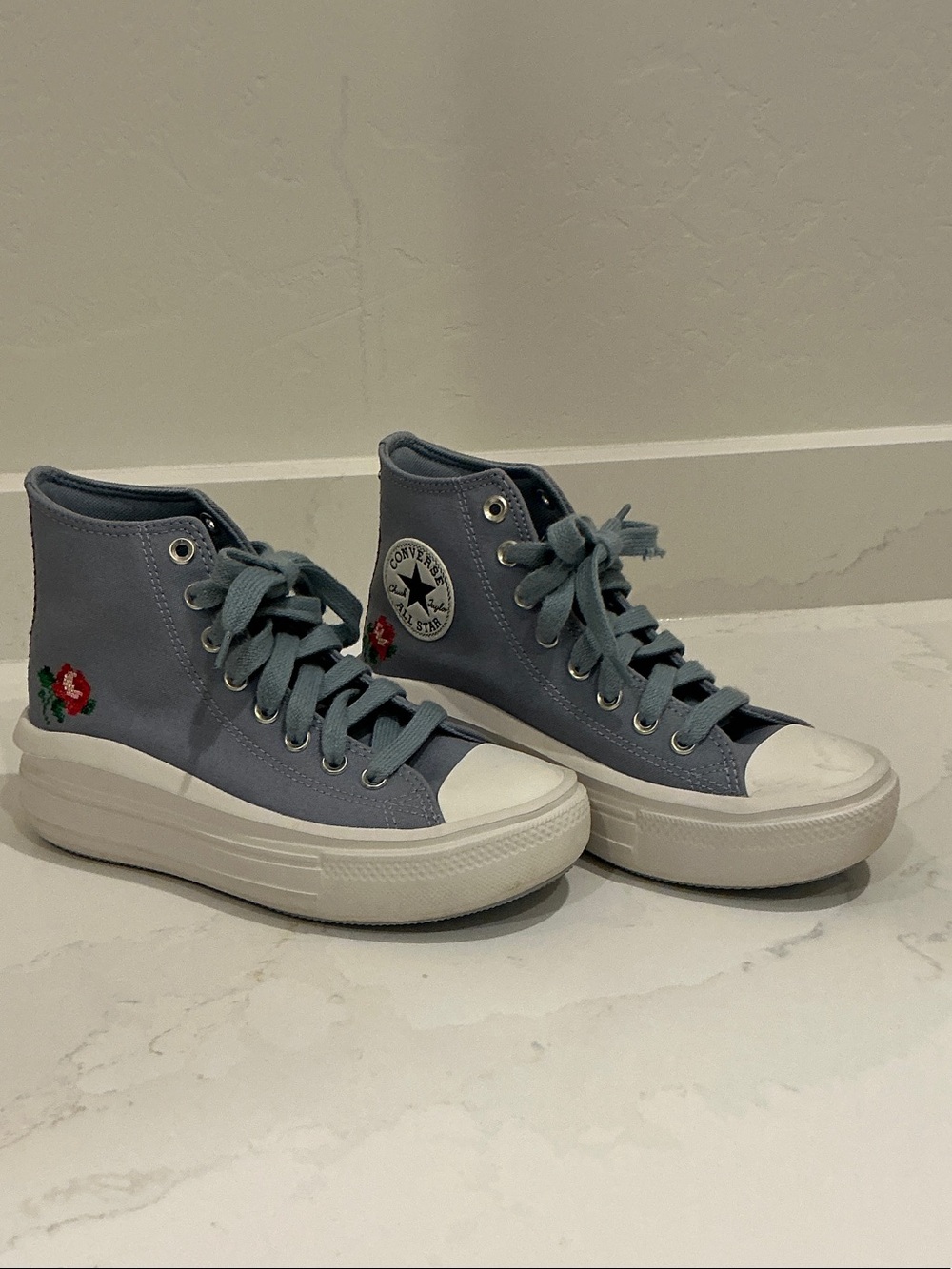 Converse High Top Move Platform Sneakers in Blue with Cross Stitch Roses